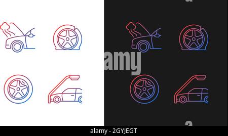 Vehicle damage in car accident cases gradient icons set for dark and light mode Stock Vector