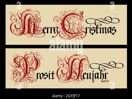 Gothic Christmas calligraphy. Uncial Fraktur. Translate: cheerful (merry) christmas. EPS-10 separated by groups and layers for easy edit Stock Vector