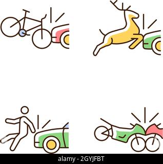 Traffic collision scenarios RGB color icons set Stock Vector