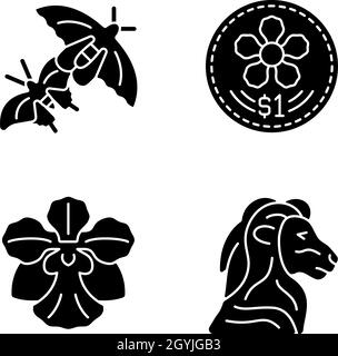 National animal and flower of Singapore black glyph icons set on white space Stock Vector