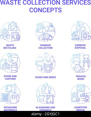 Waste collection services blue gradient concept icons set Stock Vector