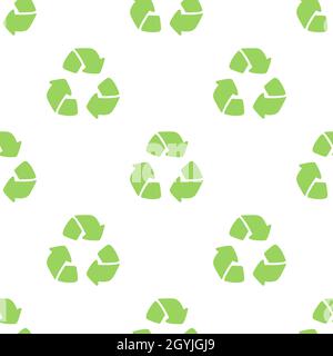 Seamless eco pattern. Three arrows eco recycle. Reuse ornament doodle on white background. Green flat vector wallpaper. Zero waste ecology circle symbol. Stock Vector