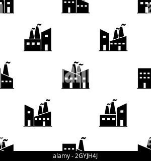 Factory plantation seamless pattern. Vector manufacture industrial illustration for backgrounds. Black silhouette vector repeatable ornament isolated on white background. Stock Vector
