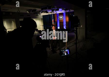 Defense Secretary Mark T. Esper sits for a video interview with CNN International's Christiane Amanpour, at the Pentagon, Washington, D.C., Jan. 7, 2020. (DoD photo by Navy Petty Officer 2nd Class James K. Lee) Stock Photo