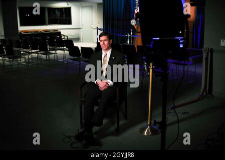 Defense Secretary Mark T. Esper sits for a video interview with CNN International's Christiane Amanpour, at the Pentagon, Washington, D.C., Jan. 7, 2020. (DoD photo by Navy Petty Officer 2nd Class James K. Lee) Stock Photo