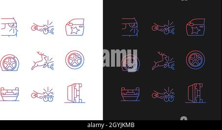 Common car crashes gradient icons set for dark and light mode Stock Vector