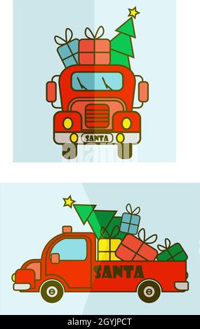 Santa Claus brings on his red car presents and Christmas tree side and face view Stock Vector