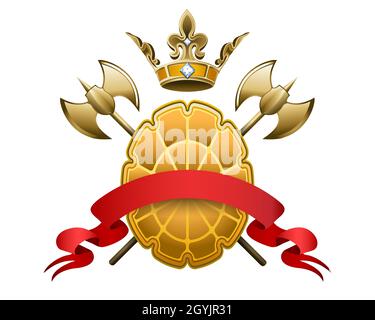 Coat of Arm with Crown Golden Shield Crossed Axes and Red Banner isolated on white. Vector illustration. Stock Vector