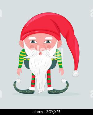 Dwarf vector illustraation. Christmas, Santa's fairy helper illustration. Gnome with beard in cartoon style. Leprechaun character in red hat. Stock Vector