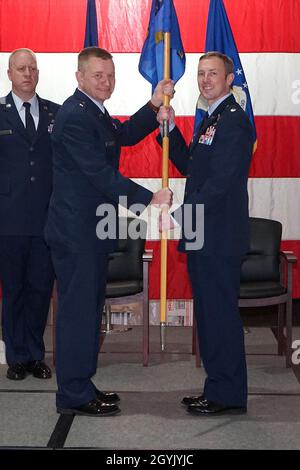 Lt. Col. Matthew Robins accepts the position of 127th Operations Group commander from the 127th Wing Commander Brig. Gen. Rolf E. Mammen at Selfridge Air National Guard Base, Mich., Jan. 11, 2020. The 127th Operations Group is comprised of the 107th Fighter Squadron and the 127th Operations Support Squadron which operate and provide support of the A-10 Thunderbolt II. (U.S. Air National Guard photo by Senior Airman Ryan Zeski) Stock Photo