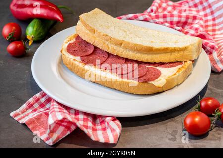 Grilled and pressed toast with turkish sausage, cheese, tomato and lettuce served on white plate Stock Photo