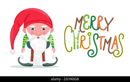 Dwarf vector illustraation. Christmas, Santa's fairy helper illustration. Gnome with beard in cartoon style. Leprechaun character in red hat. Stock Vector