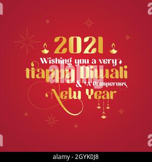Happy Diwali 2021. Gold lettering and abstract lamp on dark red background. Modern calligraphy. Vector festival illustration as poster, greeting card, Stock Vector