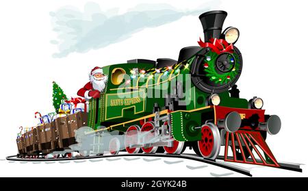 Vector Christmas greeting card with cartoon Santa Express train Stock Vector