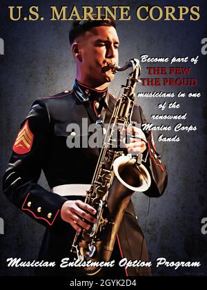 Sgt. Spencer Day, a musician with Marine Corps Band New Orleans, plays the saxophone at the Saenger Theatre, New Orleans, Dec. 9, 2017. The illustration is part of a series inspired by vintage Marine Corps recruiting posters. (U.S. Marine Corps photo illustration by Cpl. Tessa D. Watts) Stock Photo
