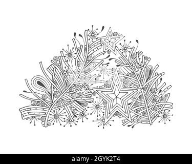 New Years Christmas zentangle star tree balls, hand drawing, contour, silhouette, for festive design, postcard, banner, congratulations, for coloring. Vector illustration Stock Vector