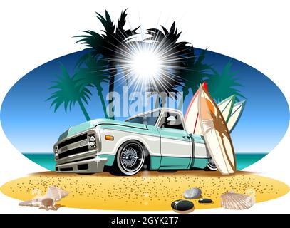 Vector cartoon retro camper pickup. Available eps-10 vector format separated by groups and layers for easy edit Stock Vector