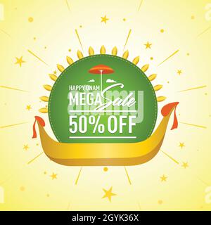 Happy Onam Mega Sale offer Premium Logo, Symbol, Sign, banner, Poster, Tag, Sticker, Floral design, boat race, Vector, icon, Illustration, Umbrella Stock Vector