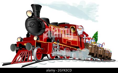 Vector Christmas greeting card with cartoon Santa Express train Stock Vector