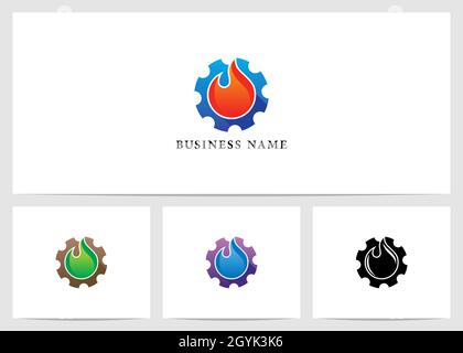 Fire On Gear Logo Design Stock Vector