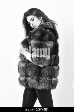 Woman makeup and hairstyle posing mink or sable fur coat. Fur fashion concept. Winter elite luxury clothes. Female brown fur coat. Fur store model Stock Photo