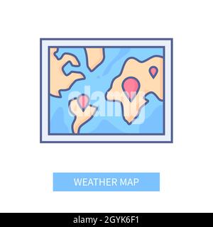 Weather map - modern line design style icon on white background. Neat detailed image of wall picture or TV screen with continents, ocean and marked lo Stock Vector