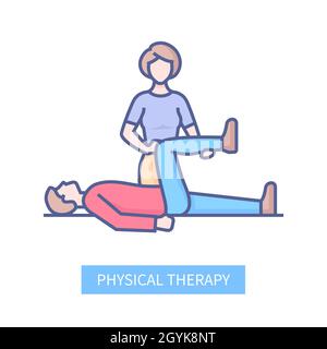 Physical therapy - modern line design style icon on white background. Neat detailed image of osteopath doing gymnastics with a patient, stretching his Stock Vector