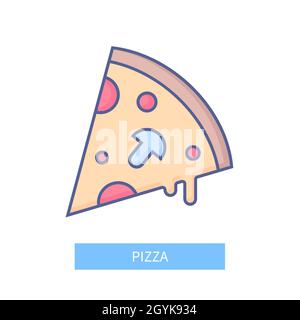 Pizza - modern colorful line design style icon on white background. Neat detailed image of pepperoni slice with mushrooms. Quick bite, traditional Ita Stock Vector