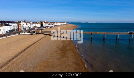 Low altitude, aerial view of Deal Seafront and  Pier Stock Photo
