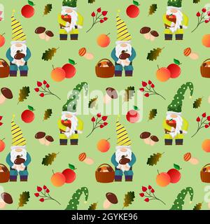 Forest little gnomes with apples and mushrooms. Seamless pattern.  Stock Vector