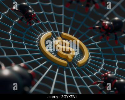 3D render of a spiderweb with spiders and a golden dollar sign Stock Photo