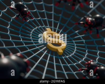 3D render of a spiderweb with spiders and a golden dollar sign Stock Photo