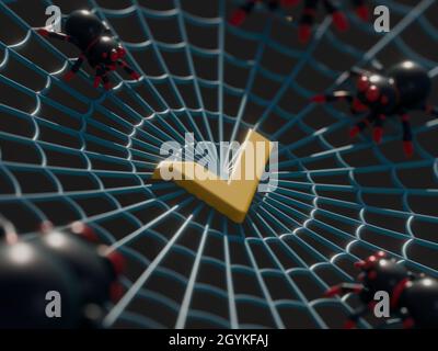 3D render of a spiderweb with spiders and a golden cryptocurrency sign Stock Photo