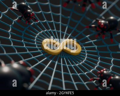 3D render of a spiderweb with spiders and a golden infinity symbol Stock Photo