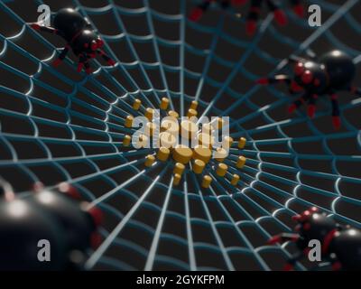 3D render of a spiderweb with spiders and a golden cryptocurrency sign Stock Photo