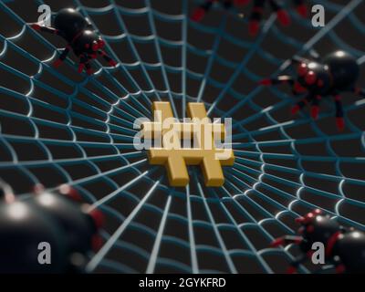 3D render of a spiderweb with spiders and a gold pound symbol Stock Photo