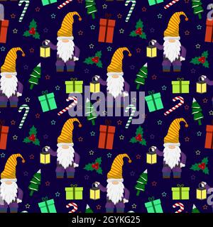 Christmas pattern with little gnomes. A flashlight, a sweet cane, a Christmas tree and gifts are the attributes of the holiday.  Stock Vector