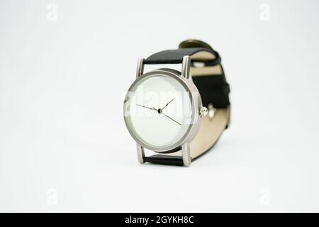men's watch with a white dial. without numbers. isolated background. Stock Photo