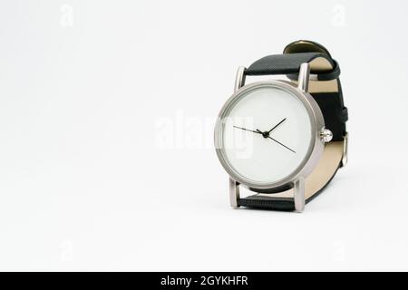 men's watch with a white dial. without numbers. isolated background. Stock Photo