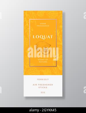 Loquat Home Fragrance Abstract Vector Label Template. Hand Drawn Sketch Flowers, Leaves Background and Retro Typography. Premium Room Perfume Stock Vector