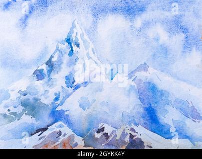 Blue ice mountains with blue sky in the background, Indian watercolour art. Stock Photo