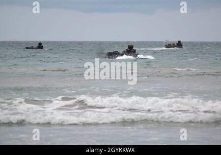 U.S. Marines with 3rd Assault Amphibian Battalion conduct section-level beach landing training with AAV-P7/A1 assault amphibious vehicles during Exercise Iron Fist 2020 on Marine Corps Base Camp Pendleton, California, Jan. 20. Exercises like Iron Fist enhance the Marine Corps ability to quickly deploy sea-based assets and provide military forces anywhere in the world. (U.S. Marine Corps photo by Sgt. Desiree King) Stock Photo