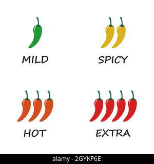 Spicy chili pepper sauce level scale. Traditional Mexican and Chinese spicy food in four levels - mild, spicy, hot and extra. Vector illustration squa Stock Vector