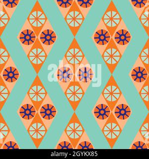 Abstract stylized sun and star diamond shape seamless vector pattern background. Azulejo style backdrop with ancient Egypt inspired rhombus motifs Stock Vector