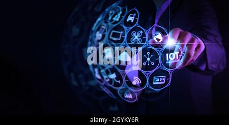 Digital transformation,IOT Internet of things Digital transformation Modern Technology concept businessman select the abstract chip with text IoT on t Stock Photo
