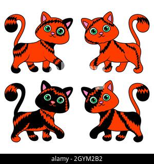 Four funny different cartoon cats for Halloween in black and orange isolated on white background Stock Vector