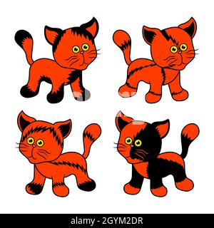 Four amusing cartoon cats for Halloween isolated on white background, black and orange image of pets Stock Vector