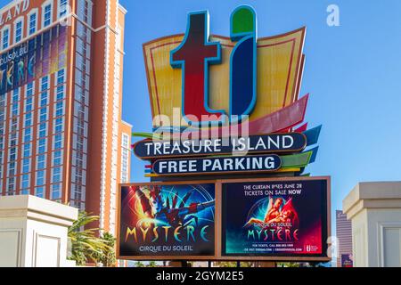 Las Vegas, NV, USA – June 8, 2021: Marquee sign for Treasure Island Hotel and Casino located in Las Vegas, Nevada. Stock Photo