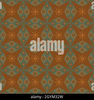 Abstract star shaped seamless vector pattern background. Azulejo style backdrop with diamond, rhombus shapes, celestial motifs. Earthy ochre green Stock Vector