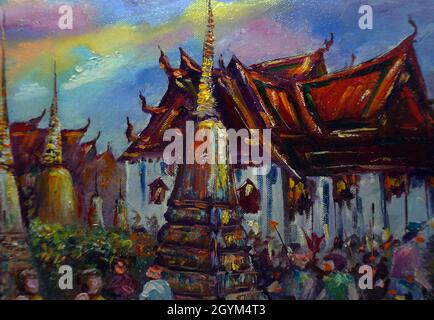 Art painting Oil color temple , Thailand Countryside , Chedis at Wat Pho Temple Stock Photo